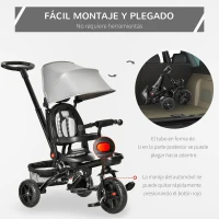 HOMCOM Dreirad mit Schubstange drehbarer Sitz 4-in-1 Kinderdreirad Kinder Fahrrad klappbar abnehmbar Kinderauto Metall EVA Grau 111,5 x 52 x 98 cm(m-8)