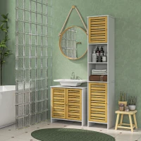 HOMCOM Conjunto de Móveis para Casa de Banho Inclui 1 Móvel para Lavatório Pousar 1 Coluna para Casa de Banho Estreita com Portas de Bambu e Prateleiras Ajustáveis Branco e Madeira(m-2)