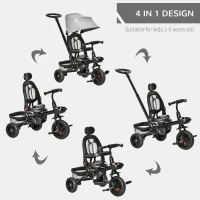 HOMCOM 4 in 1 Kids Trike Toddler Foldable Pedal Tricycle w/ Reversible Angle Adjustable Seat Removable Handle Canopy Belt Brake for 1-5 Years - Grey(m-4)