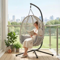 Outsunny Hanging Egg Chair, Indoor Outdoor Rattan Hammock Swing Chair with Stand, Safety Strap, Foldable Basket, Light Grey(m-9)