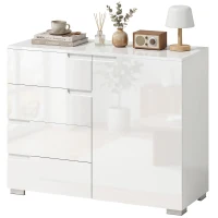 HOMCOM Aparador de alto brillo, aparador moderno con 4 cajones, mueble de cocina con cierre suave, blanco(m-7)