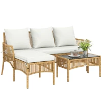 Outsunny 3 Piece Rattan Garden Furniture Corner Sofa Set with Chaise Lounge, Loveseat, Glass Coffee Table, Cushions, Natural Wood(m-10)