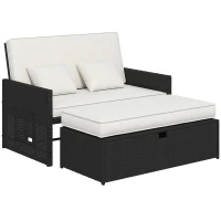 Outsunny Rattan Garden Daybed, Double Sun Lounger with 5-Level Adjustable Back, Storage Ottoman, Cream White(m-10)