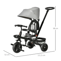 HOMCOM Dreirad mit Schubstange drehbarer Sitz 4-in-1 Kinderdreirad Kinder Fahrrad klappbar abnehmbar Kinderauto Metall EVA Grau 111,5 x 52 x 98 cm(m-3)