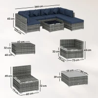 Outsunny 8 Pieces PE Rattan Corner Sofa Set, Outdoor Garden Furniture Set, Patio Wicker Sofa Seater w/ Cushion, Dark Blue(m-3)