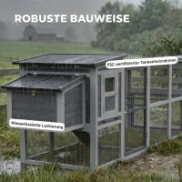 PawHut Kippenhok kippenverblijf voor 3-4 kippen met ren nestkast asfaltdak Oxford-afdekking uittrekbare lade 264x82x89cm grijs(m-7)