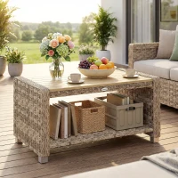 Outsunny Outdoor Coffee Table with Storage Shelf, PE Rattan Side Table with Slatted Top and Foot Pads, Light Brown(m-2)