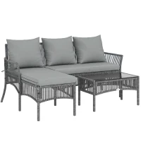 Outsunny 3 Piece Rattan Garden Furniture Corner Sofa Set with Chaise Lounge, Loveseat, Glass Coffee Table, Cushions, Dark Grey(m-1)