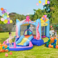 Outsunny Castelo Insuflável com Escorrega Trampolim e Piscina para Crianças acima de 3 Anos Inclui Insuflador e Bolsa de Transporte para Interior e Exterior 360x175x180cm Multicor(m-9)