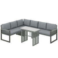 Outsunny 6 Seater Rattan Garden Furniture Set with 3 Loveseats, Table, Patio Rattan Corner Sofa Set, Grey