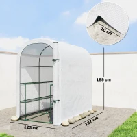 Outsunny Walk-in Greenhouse with Shelves, Small Greenhouse with PE Cover and Roll-up Door, 123 x 187 x 189 cm, White(m-3)