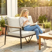 Outsunny 2 Seater Rattan Sofa, Outdoor Garden Sofa with Wood-Effect Armrests, Cushions for Patio, Balcony, Khaki(m-2)