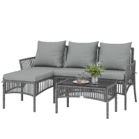 Outsunny 3 Piece Rattan Garden Furniture Corner Sofa Set with Chaise Lounge, Loveseat, Glass Coffee Table, Cushions, Dark Grey(m-11)