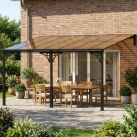 Outsunny 4 x 3 m Metal Lean-to Pergola, Wall-Mounted Garden Pergola with Polycarbonate Roof and Metal-Aluminium Frame, Heavy Duty Hardtop Gazebo for Outdoor Patios, BBQ, Brown(m-2)