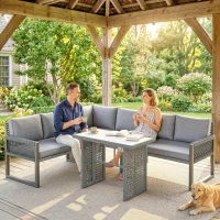 Outsunny 6 Seater Rattan Garden Furniture Set with 3 Loveseats, Table, Patio Rattan Furniture Corner Sofa Set, Grey(m-9)