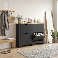 HOMCOM Móvel para 16 pares de sapatos, armário com 4 gavetas basculantes e prateleiras ajustáveis, preto e madeira natural(m-5)