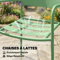 Outsunny Ensemble bistrot de jardin 3 pièces - table basse en verre trempé et 2 chaises à lattes, cadre en acier galvanisé, vert(m-6)