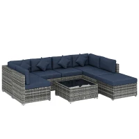 Outsunny 8 Pieces PE Rattan Corner Sofa Set, Outdoor Garden Furniture Set, Patio Wicker Sofa Seater w/ Cushion, Dark Blue(m-1)