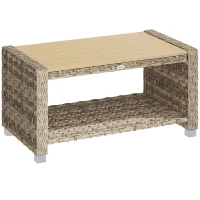 Outsunny Outdoor Coffee Table with Storage Shelf, PE Rattan Side Table with Slatted Top and Foot Pads, Light Brown(m-1)