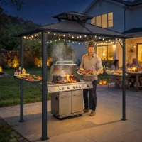 Outsunny 2.5 x 1.5 m Hardtop Grill Gazebo with Double Roof, Aluminium Outdoor BBQ Gazebo Shelter with 2 Side Shelves, Brown(m-8)