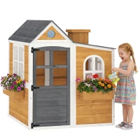 AIYAPLAY Casetta per Bambini da Esterno in Legno, Casa per Bambini Esterno/Interno con Porta, Finestre e 3 Fioriere, Giallo(m-8)