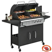 Outsunny 2+1 Burner Hybrid Dual Fuel BBQ Gas Grill, 2-in-1 Propane & Charcoal Barbecue Grill Smoker Combo with Wheels, Black(m-10)