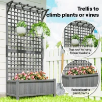 Outsunny Raised Bed with Drainage Holes, Wood Planter with Trellis for Climbing Plants, Dark Grey(m-5)