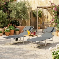 Outsunny 5-Position Adjustable Sun Loungers Set of 2 with Reading Hole and Side Pocket, Dark Grey(m-9)