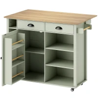 HOMCOM Isla de Cocina con Ruedas Tapa Abatible Especiero Toallero Armario 2 Cajones 117,5x70x91 cm Verde Claro(m-1)