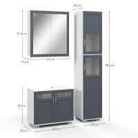 Kleankin Conjunto de Coluna de Casa de Banho Armário com Espelho e Móvel para Lavatório com Portas de Vidro Branco e Cinza(m-3)