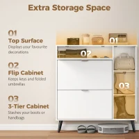 HOMCOM Smalle schoenenkast met 2 klepvakken, schoenenkast met lychee-lederen deuren en verstelbare planken, wit(m-4)