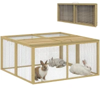 PawHut Wooden Folding Rabbit Hutch, for 2-3 Rabbits - Natural Wood(m-10)