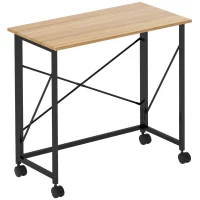 HOMCOM Small Folding Desk, 80 cm Foldable Computer Desk on Wheels for Small Space, Easy Assembly, Space Saving Writing Table for Home Office, Bedroom, Natural Tone(m-1)
