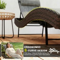 Outsunny Rattan Sun Lounger, Garden Recliner with 5 Position Adjustable Back, S Shaped Texteline Seat, Headrest, Brown(m-4)