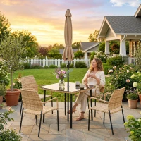 Outsunny 4 Seater Rattan Dining Set with Parasol, 6 Piece Garden Table and Stackable Chairs with Tempered Glass Tabletop(m-9)