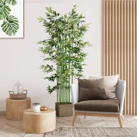 HOMCOM Conjunto de 2 Plantas Artificiais em Vaso de Madeira de Pinho 180cm Bambus Artificiais com 1640 Folhas Realistas 35x10x180 cm Verde(m-2)