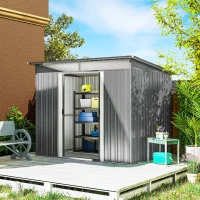 Outsunny 9ft x 6.5ft Garden Storage Shed with Top Window, Metal Outdoor Shed Tool House with Double Doors, Light Grey(m-2)