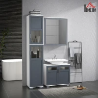 Kleankin Conjunto de Coluna de Casa de Banho Armário com Espelho e Móvel para Lavatório com Portas de Vidro Branco e Cinza(m-2)