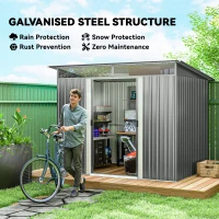 Outsunny 9ft x 6.5ft Garden Storage Shed with Top Window, Metal Outdoor Shed Tool House with Double Doors, Light Grey(m-4)