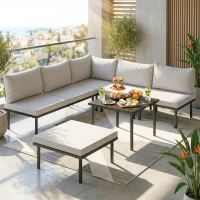 Outsunny Ensemble lounge de jardin 5-6 personnes Set lounge avec canapé 2 places, 2 chaises, fauteuil d'angle, table à lames, pouf(m-2)