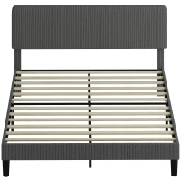 HOMCOM Somier 160x200 cm con Cabecero Ajustable Tapizado en Pana Láminas de Madera Fácil de Montar Gris Oscuro(m-11)