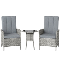 Outsunny Rattan Bistro Set, Reclining Garden Chairs and Glass Coffee Table with Cushions for Patio Balcony Porch, Light Grey