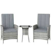 Outsunny Rattan Bistro Set, Reclining Garden Chairs and Glass Coffee Table with Cushions for Patio Balcony Porch, Light Grey(m-1)