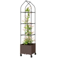 Outsunny Raised Garden Bed with Trellis, Tomato Cage with Lockable Wheels, Self Watering Planter Box with Drainage Holes, Brown(m-11)