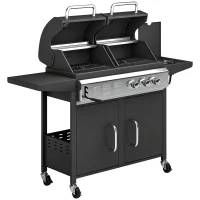 Outsunny 2+1 Burner Hybrid Dual Fuel BBQ Gas Grill, 2-in-1 Propane & Charcoal Barbecue Grill Smoker Combo with Wheels, Black(m-1)