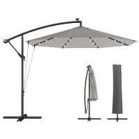Outsunny 3 m Cantilever Parasol with Solar LED Lights Garden Umbrella with Cross Base, Light Grey(m-10)