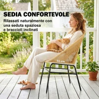 Outsunny Set da Bistrò da 3 Pezzi in Rattan e Acciaio con 2 Sedie, Tavolo Rotondo con Piano in Vetro Temperato, Beige(m-6)