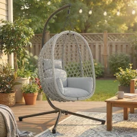 Outsunny Hanging Egg Chair, Indoor Outdoor Rattan Hammock Swing Chair with Stand, Safety Strap, Foldable Basket, Light Grey(m-2)