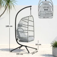 Outsunny Hanging Egg Chair, Indoor Outdoor Hammock Swing Chair with Stand, Safety Strap, Foldable Basket, Light Grey(m-3)
