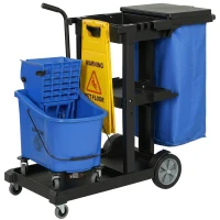 HOMCOM Cărucior de curățenie, cărucior mobil cu 3 rafturi, sac de gunoi 70 L, găleată cu stoarcere pentru mop, Albastru(m-1)